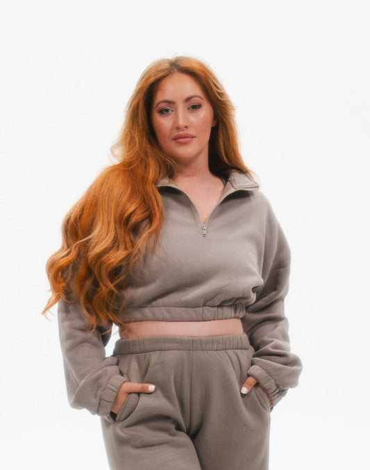 Grey Casual Cropped Pullover Half Zip Sweatshirt